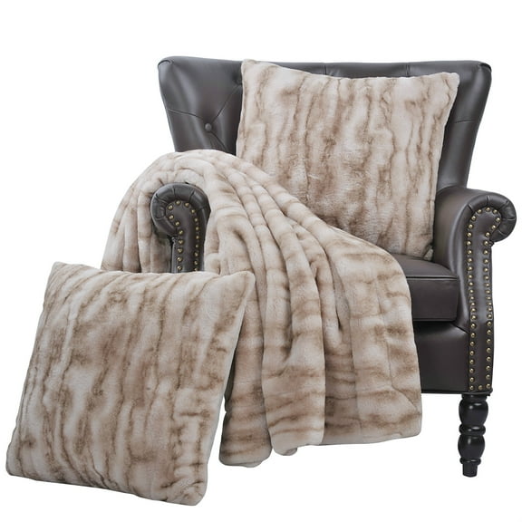 Home Soft Things Faux Fur Throw and Pillow Cover Combo - Raccoon Taupe - 60" x 80"/20" x 20" Jumbo