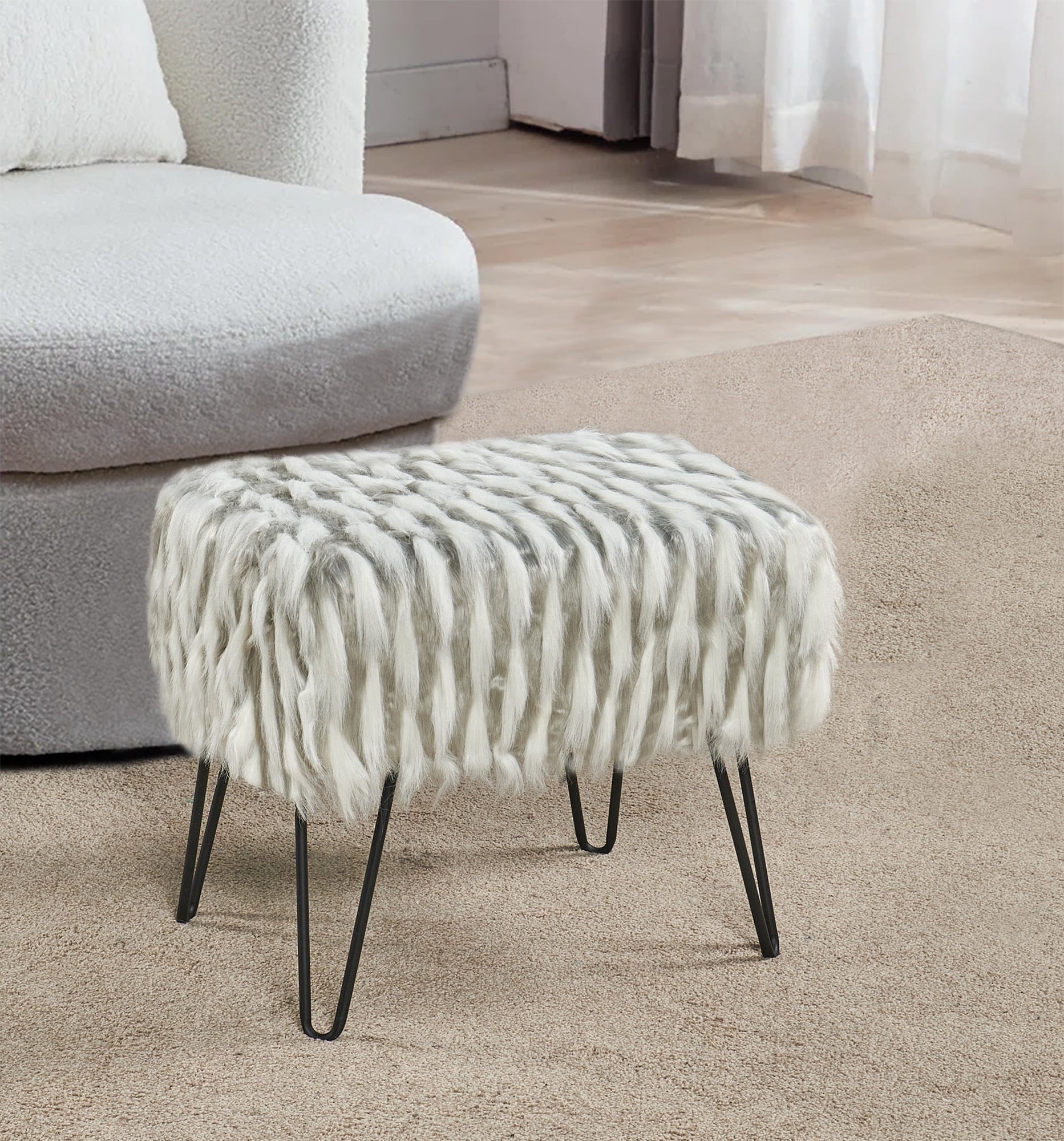 Home Soft Things Feathery Faux Fur Stool Chair Upholstered Footrest Ottoman with Black Metal Legs and Padded Seat, Grey, 19" x 13" x 17"