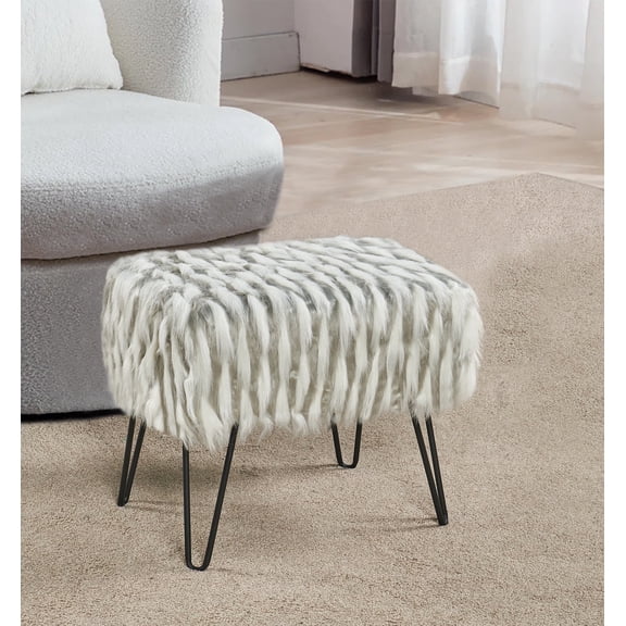 Home Soft Things Feathery Faux Fur Stool Chair Upholstered Footrest Ottoman with Black Metal Legs and Padded Seat, Grey, 19" x 13" x 17"