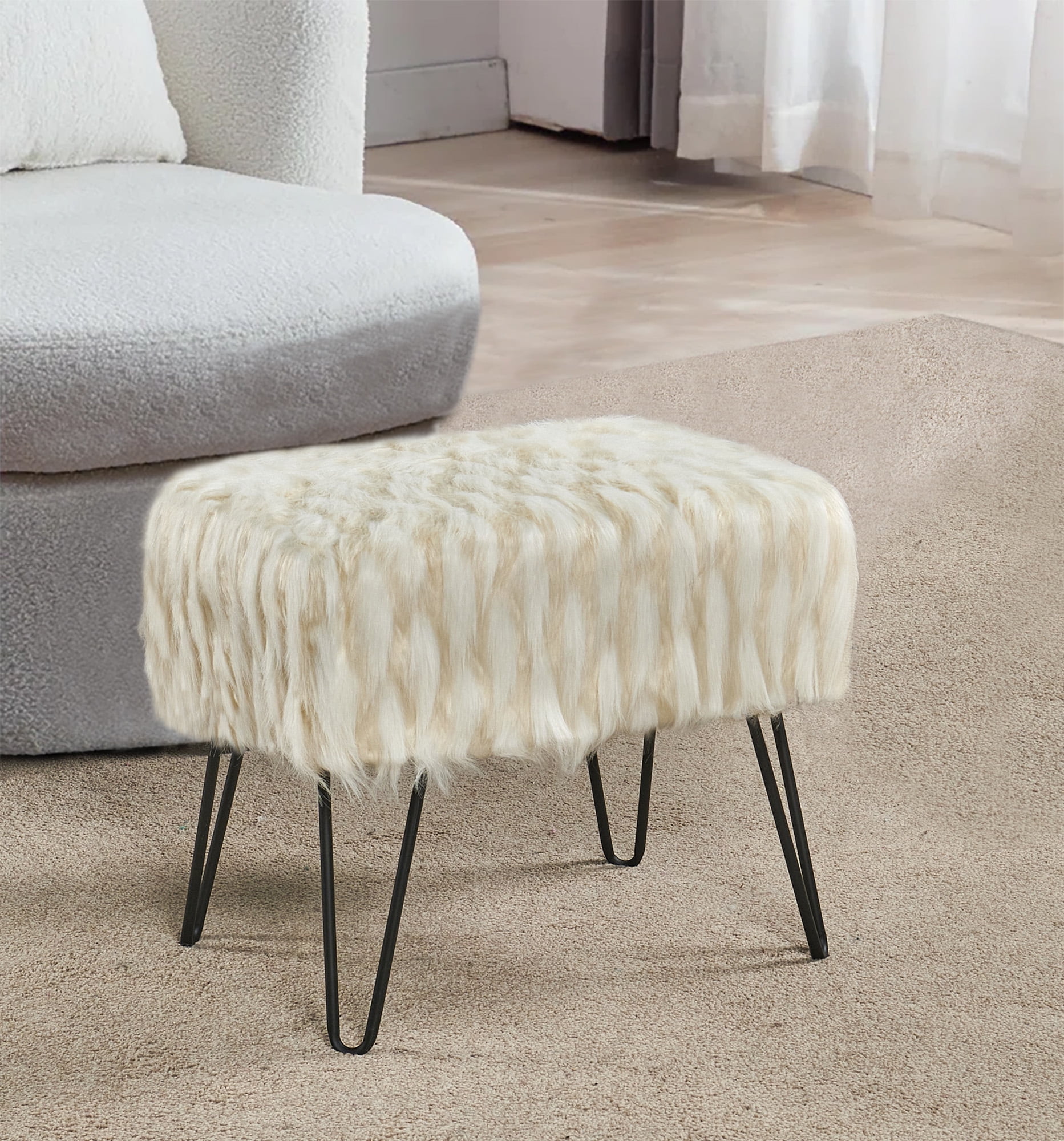 Home Soft Things Feathery Faux Fur Stool Chair Upholstered Footrest Ottoman with Black Metal Legs and Padded Seat, Ivory, 19" x 13" x 17"