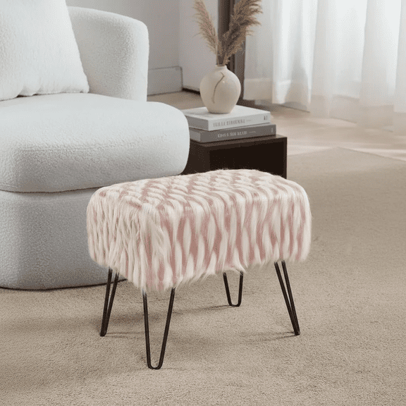 Home Soft Things Feathery Faux Fur Stool Chair Upholstered Footrest Ottoman with Black Metal Legs and Padded Seat, Pink, 19" x 13" x 17"