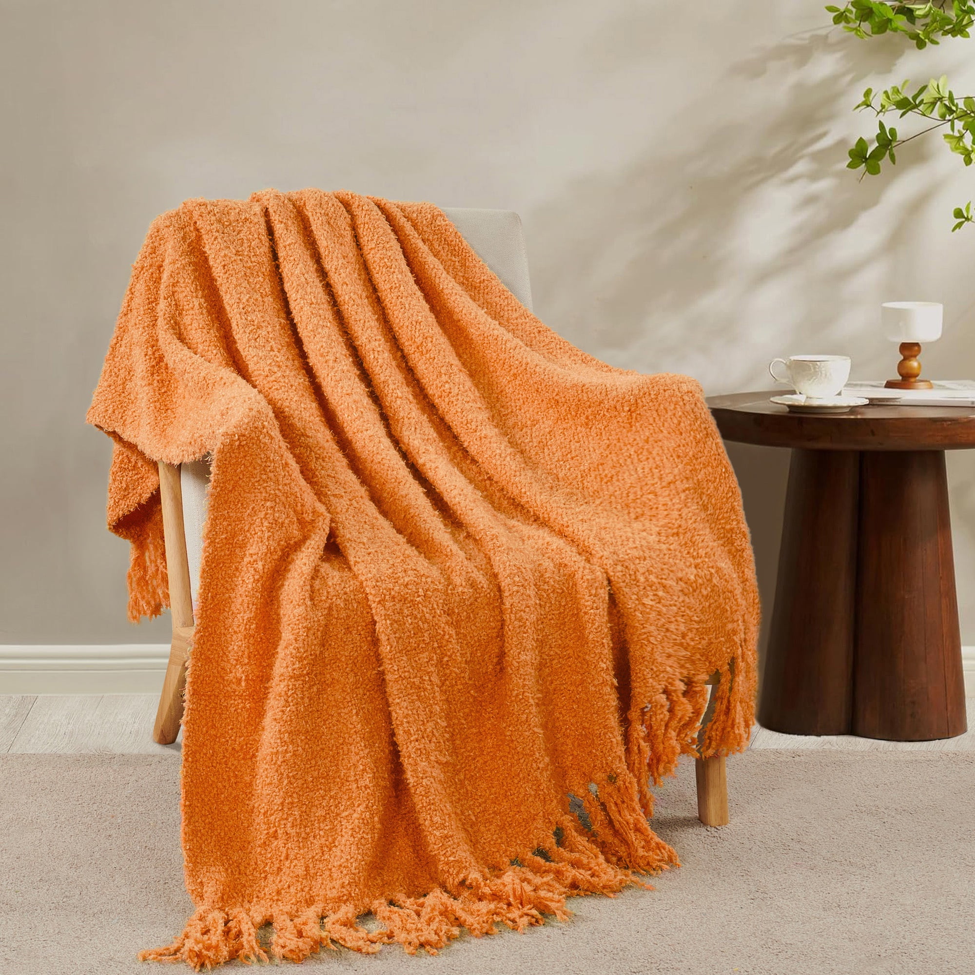Burnt Orange Knitted Polyester Throw Blanket with Tassels