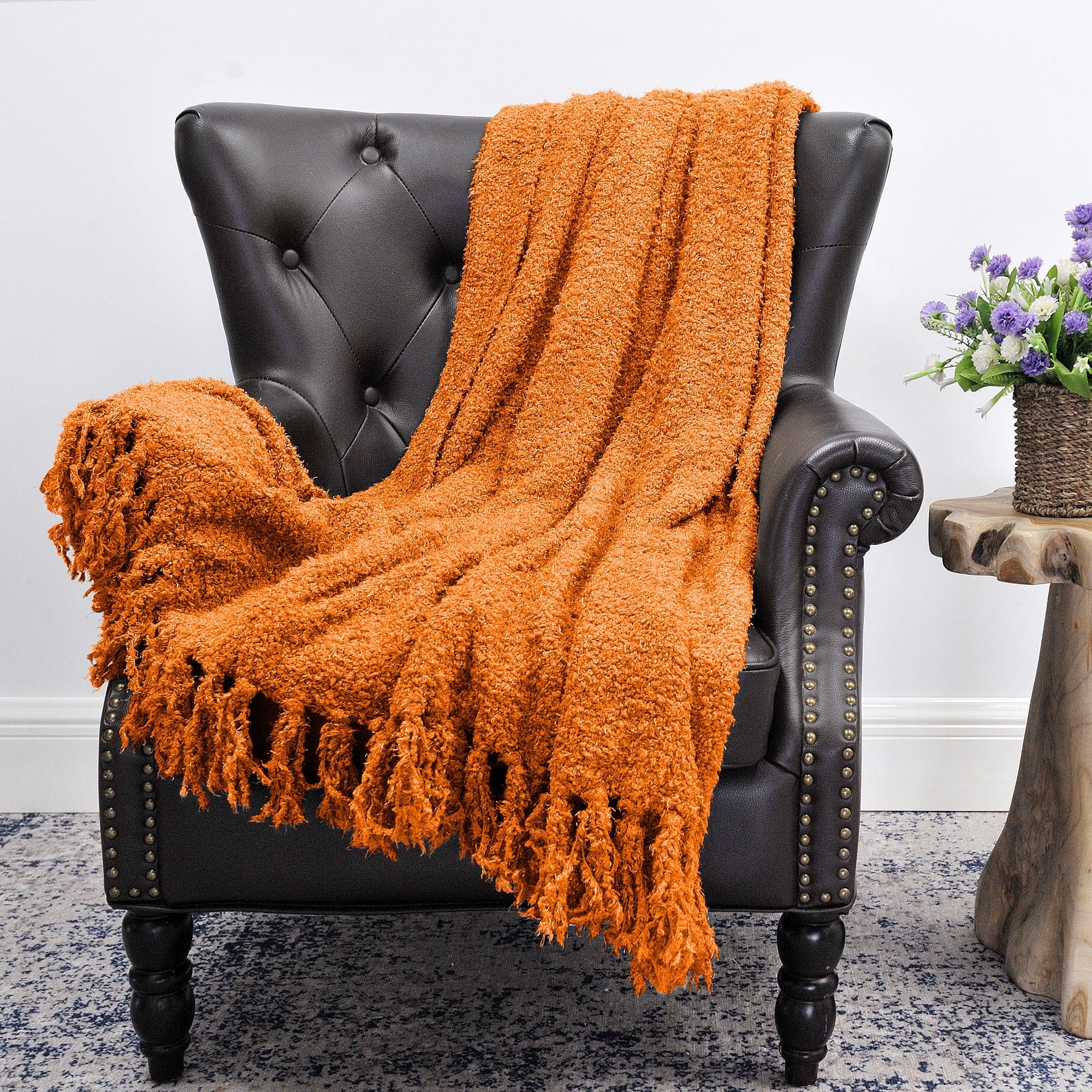 Burnt Orange Knitted Polyester Throw Blanket with Tassels