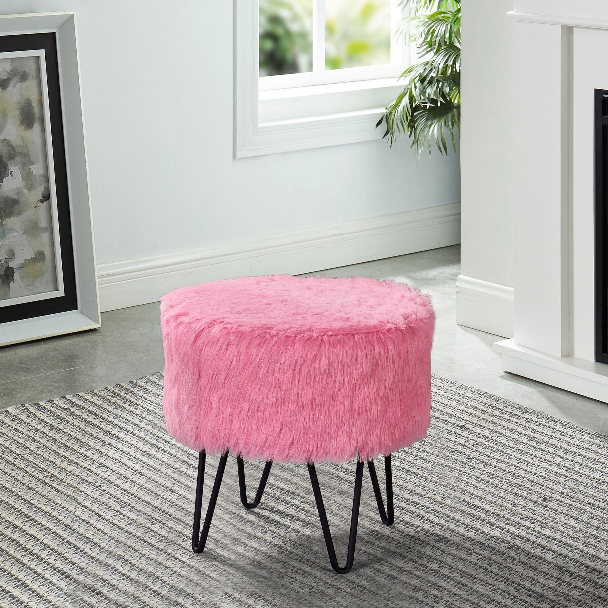 Home Soft Things Glitter Faux Fur Round Ottoman-Pink, 18" x 18" x 18"