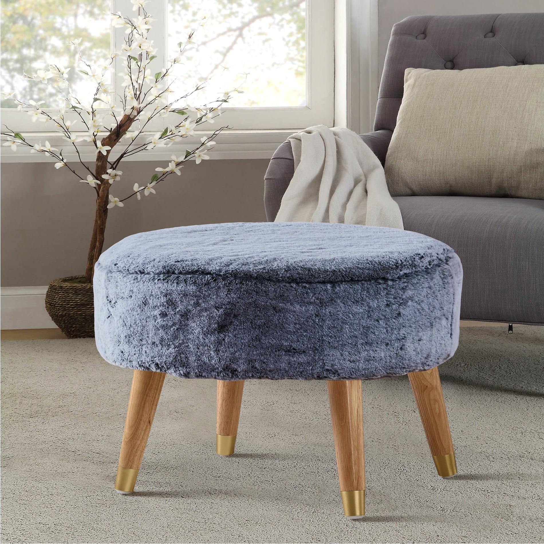 Black Faux Fur Oval Ottoman with Wooden Legs