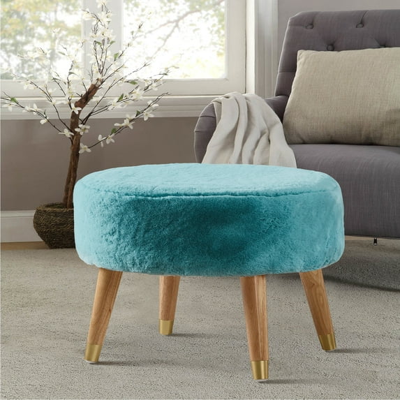 Home Soft Things Heavy Faux Fur Oval Ottoman - Blue Turqoise - 22" x 18" x 18"