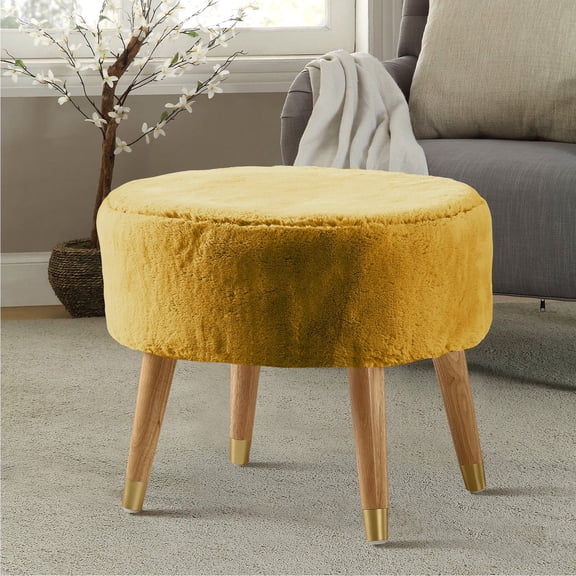 Home Soft Things Heavy Faux Fur Oval Ottoman - Lemon Curry - 22" x 18" x 18"