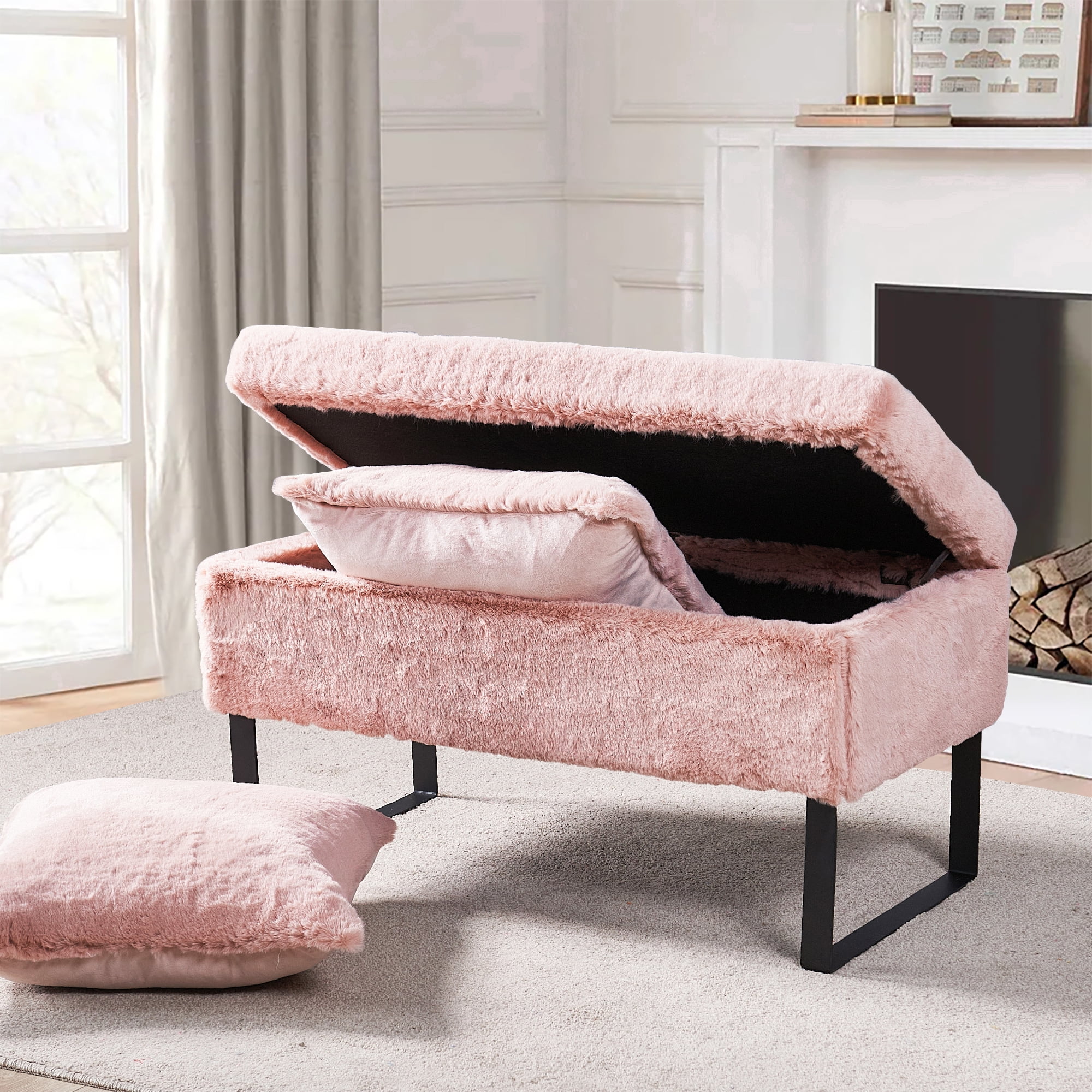 Home Soft Things Pink Jacquard Solid Faux Fur Round Ottoman, 18 x 18 x  18, Sepia Rose, Comfy Fuzzy Ottoman Makeup Stool for Bedroom Living Room