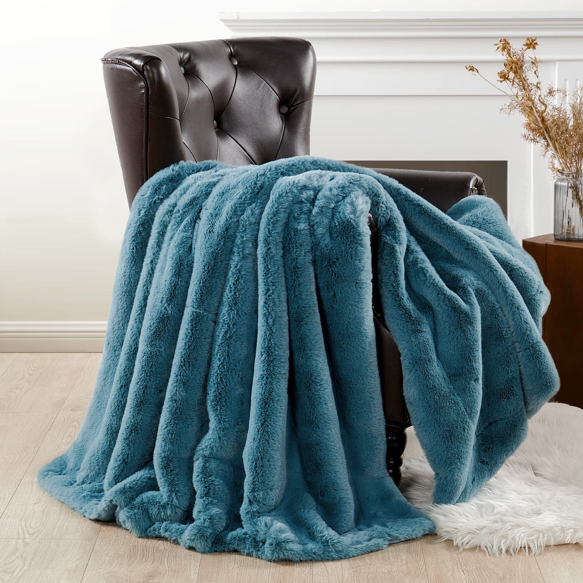 West elm blue faux fur top and velvet blanket 47x60