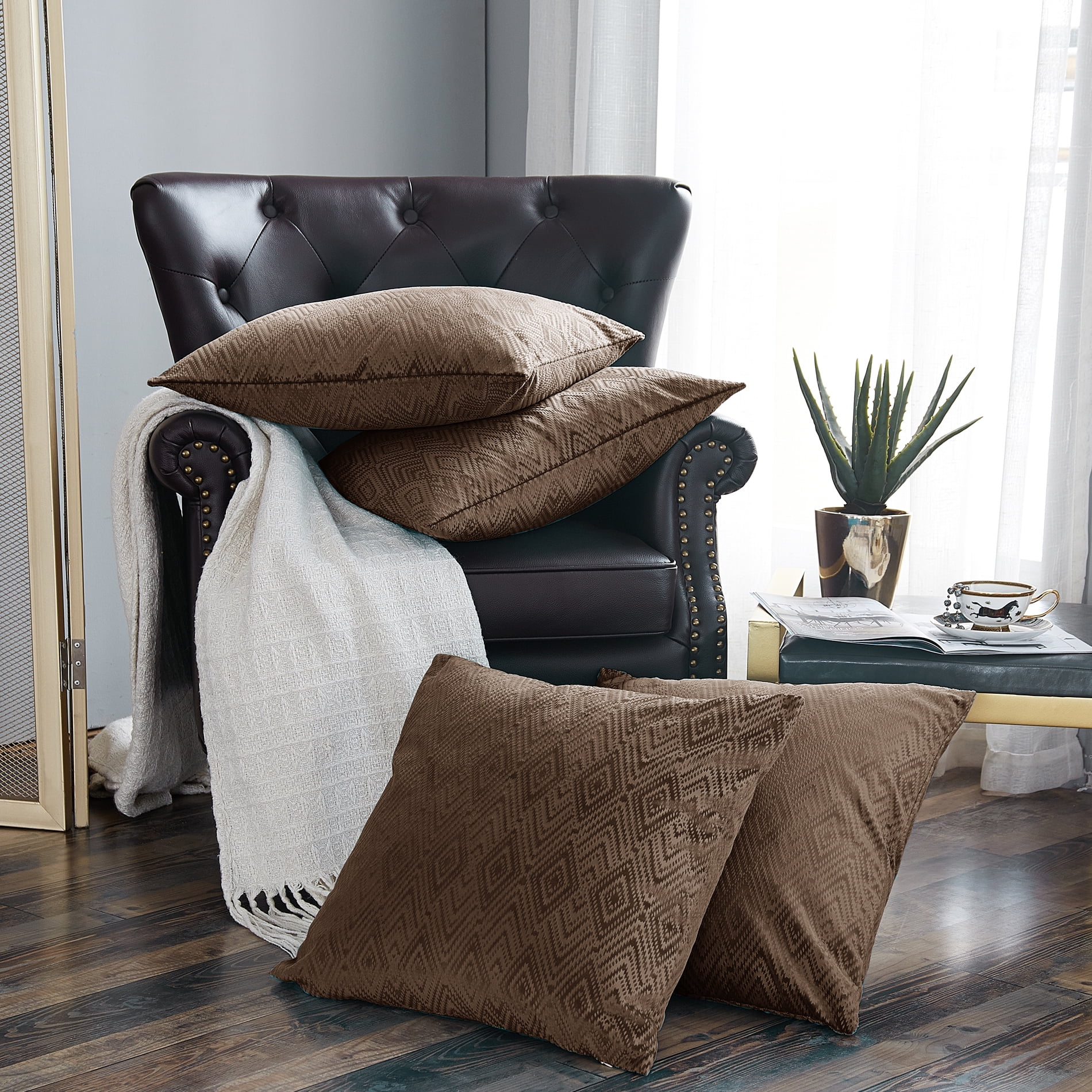 Carafe Brown Polyester Ikat Velvet Square Pillow Covers, 20" x 20"
