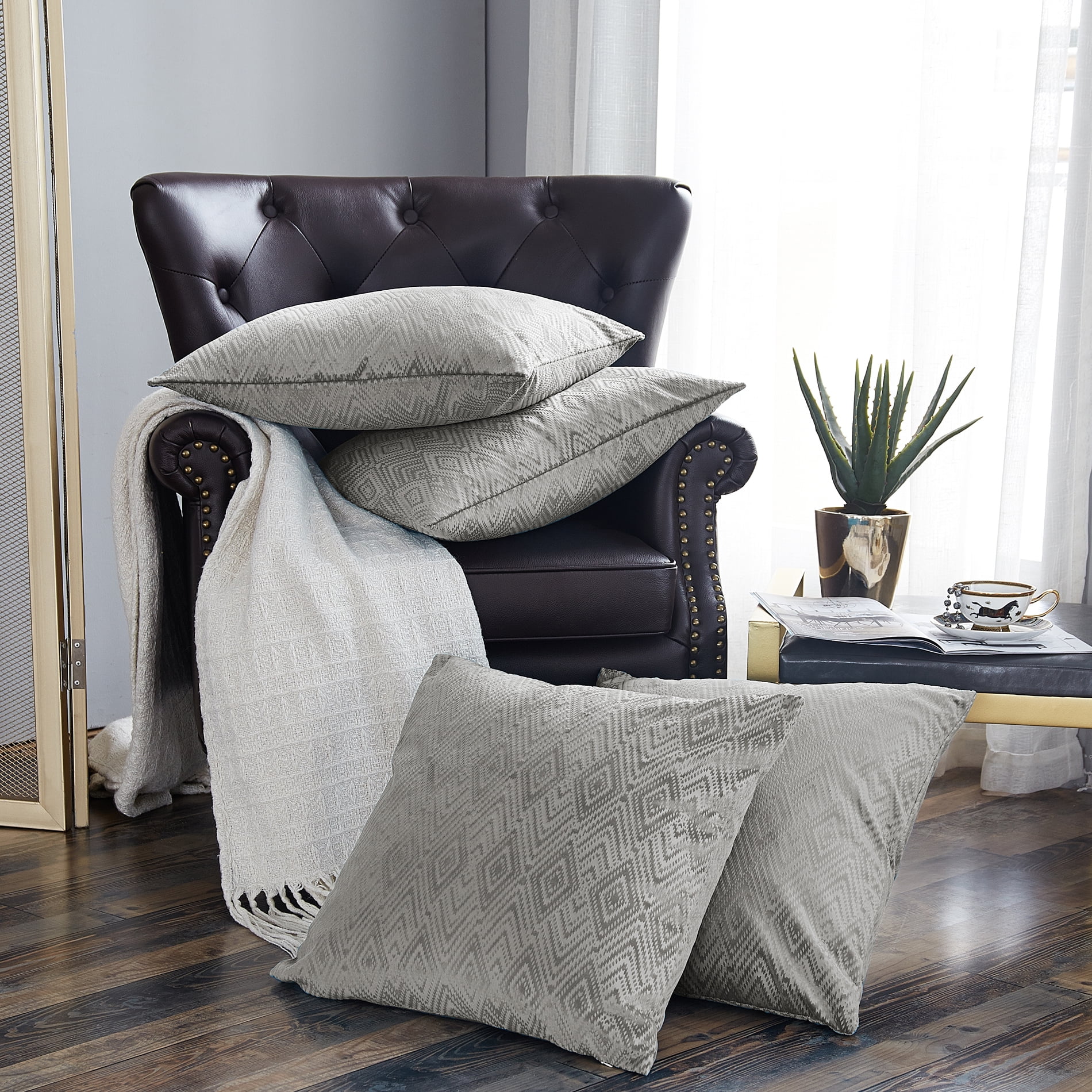 Silver 20" x 20" Ikat Velvet Throw Pillow Covers Set