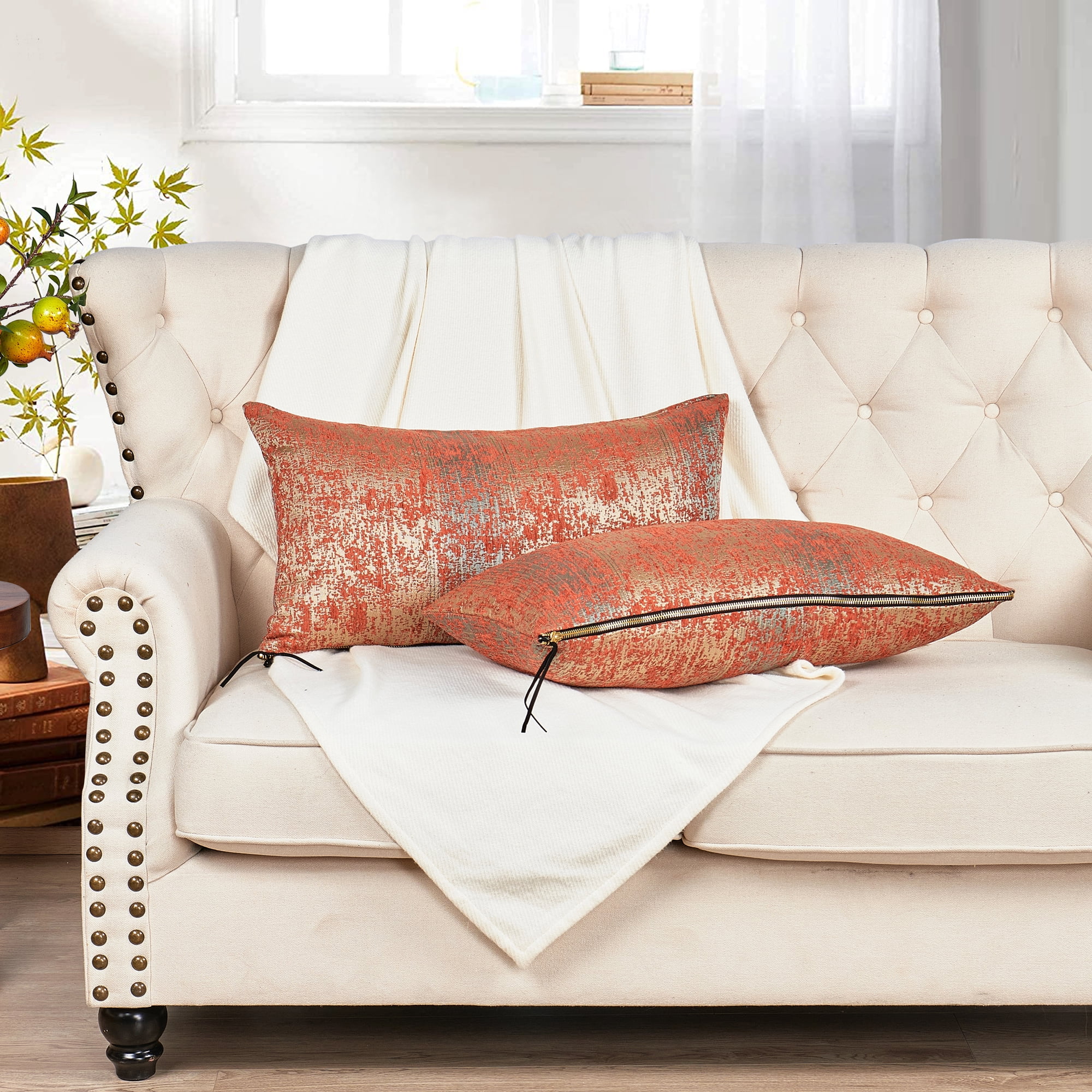 Home Soft Things Jacquard Chenille Big Zipper Throw Pillow Cover 2 Piece Set - Orange - 14" x 26"