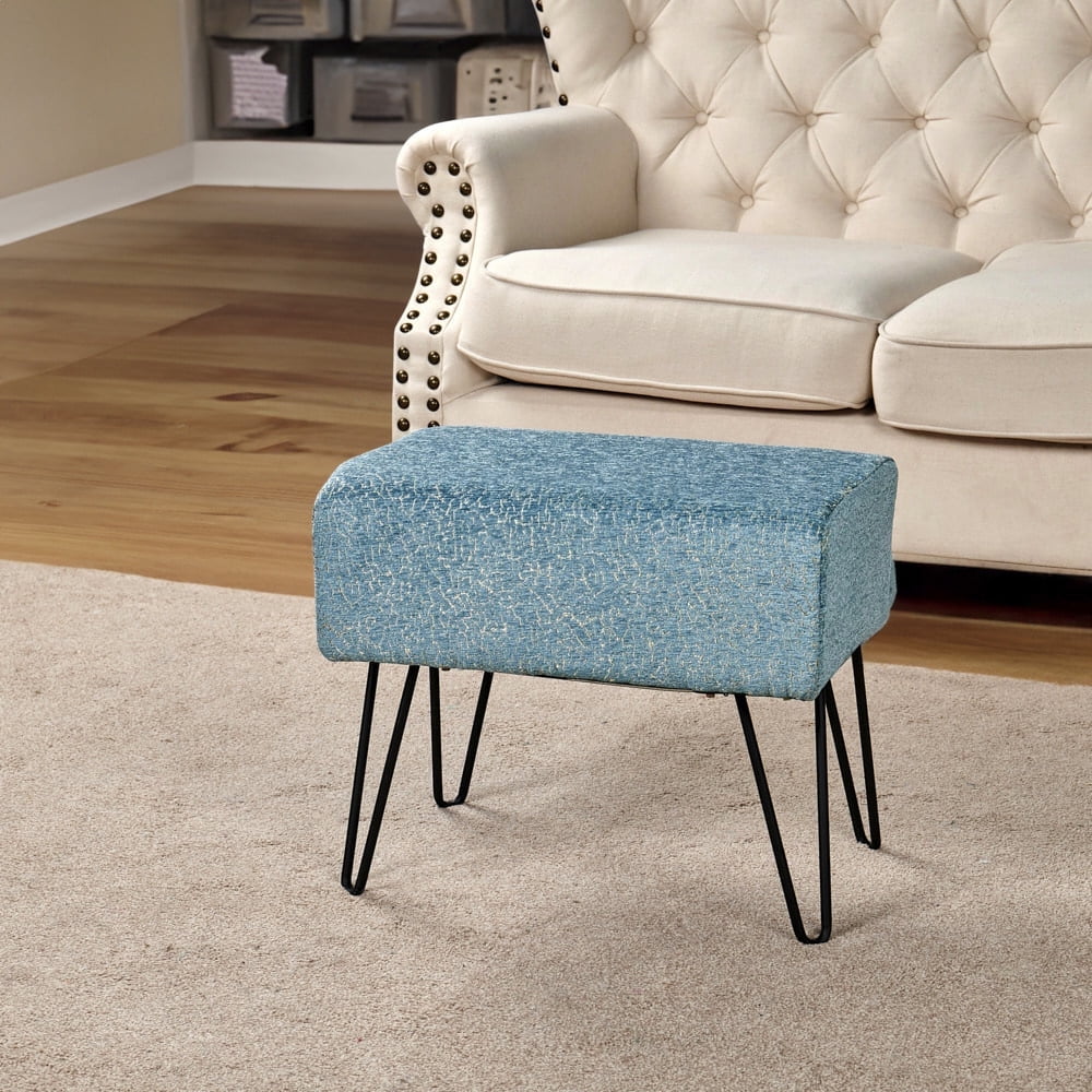 Turquoise Chenille Upholstered Footstool with Black Metal Legs