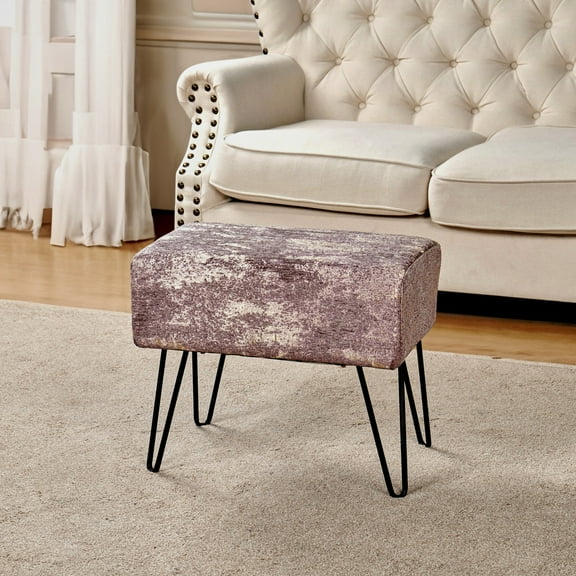 Home Soft Things Jacquard Chenille Stool Chair Upholstered Footrest Ottoman with Black Metal Legs and Padded Seat, Kasula-Light Brown, 19" x 13" x 17"