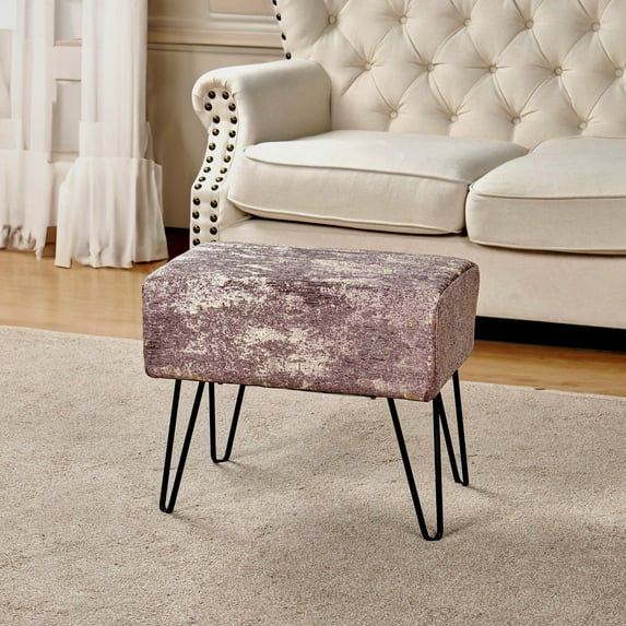 Home Soft Things Jacquard Chenille Stool Chair Upholstered Footrest Ottoman with Black Metal Legs and Padded Seat, Kasula-Light Brown, 19" x 13" x 17"
