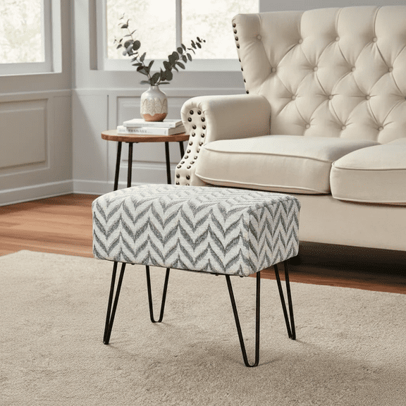 Home Soft Things Jacquard Chenille Stool Chair Upholstered Footrest Ottoman with Black Metal Legs and Padded Seat, Arusha-Light Blue, 19" x 13" x 17"