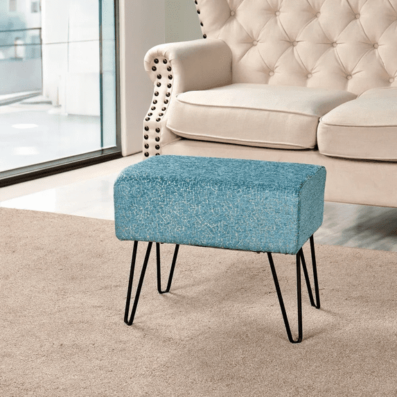 Home Soft Things Jacquard Chenille Stool Chair Upholstered Footrest Ottoman with Black Metal Legs and Padded Seat, Babati-Turquoise, 19" x 13" x 17"