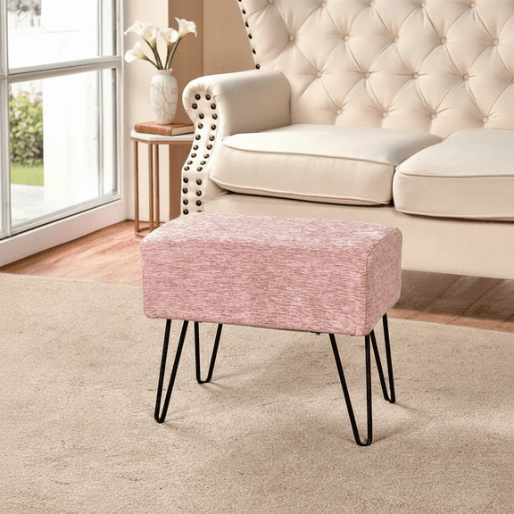 Home Soft Things Jacquard Chenille Stool Chair Upholstered Footrest Ottoman with Black Metal Legs and Padded Seat, Tanga-Rose Quartz, 19" x 13" x 17"
