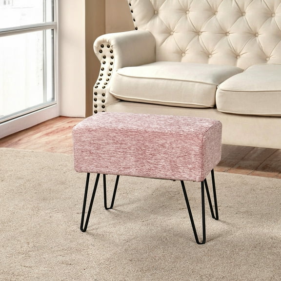 Home Soft Things Jacquard Chenille Stool Chair Upholstered Footrest Ottoman with Black Metal Legs and Padded Seat, Tanga-Rose Quartz, 19" x 13" x 17"