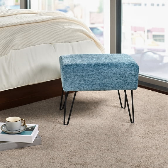 Home Soft Things Jacquard Chenille Stool Chair Upholstered Footrest Ottoman with Black Metal Legs and Padded Seat, Tanga-Turquoise, 19" x 13" x 17"