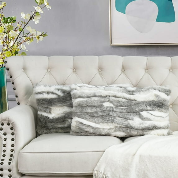 Home Soft Things Jacquard Faux Fur 2 Piece Throw Pillow Cover Set - Grey - 14" x 26"