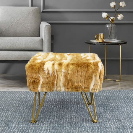 Home Soft Things Jacquard Faux Fur Ottoman - Amber gold - 19"x12.5"x17"