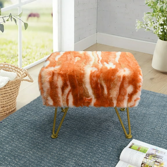 Home Soft Things Jacquard Faux Fur Ottoman - Burnt orange - 19"x12.5"x17"
