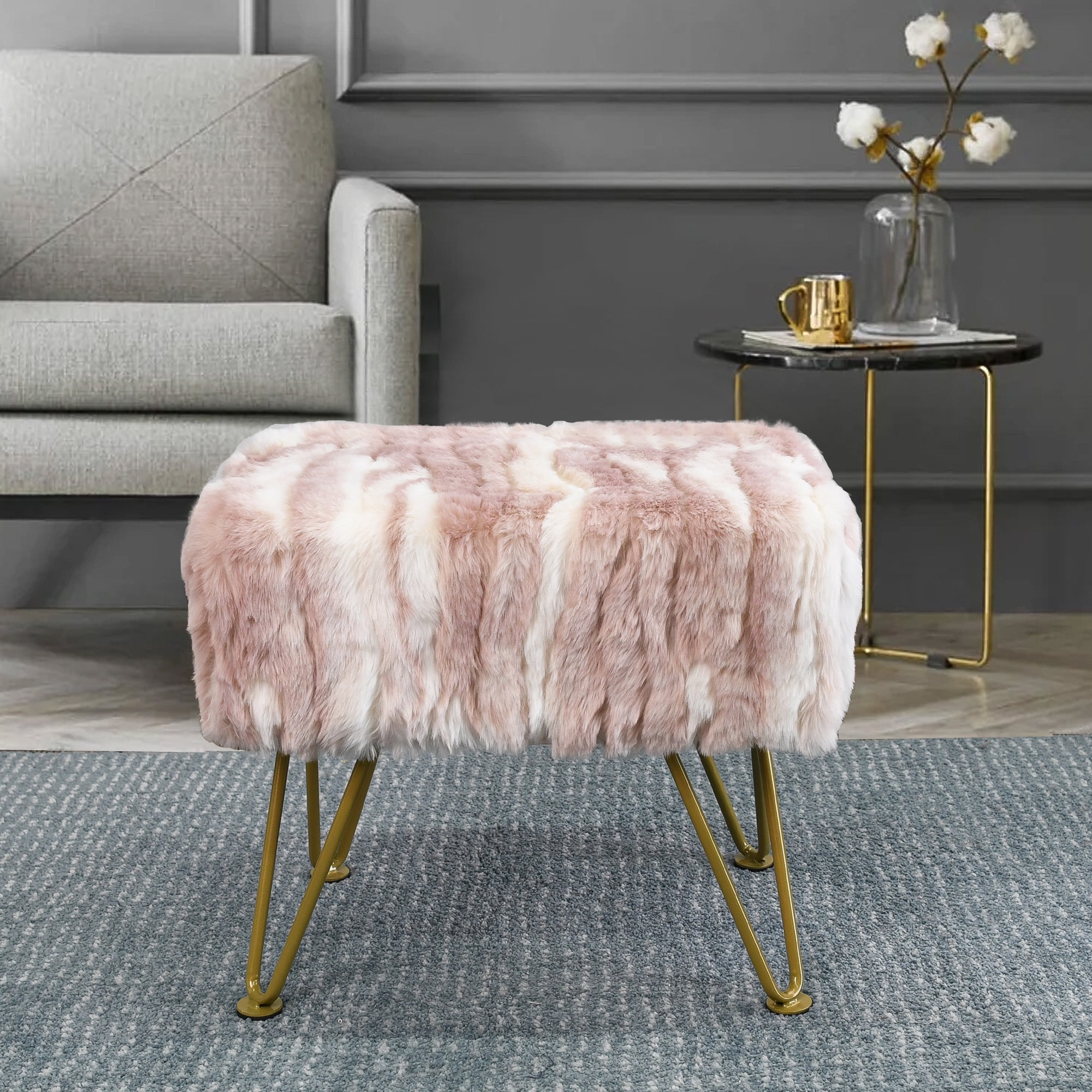 Home Soft Things Jacquard Faux Fur Ottoman Pink
