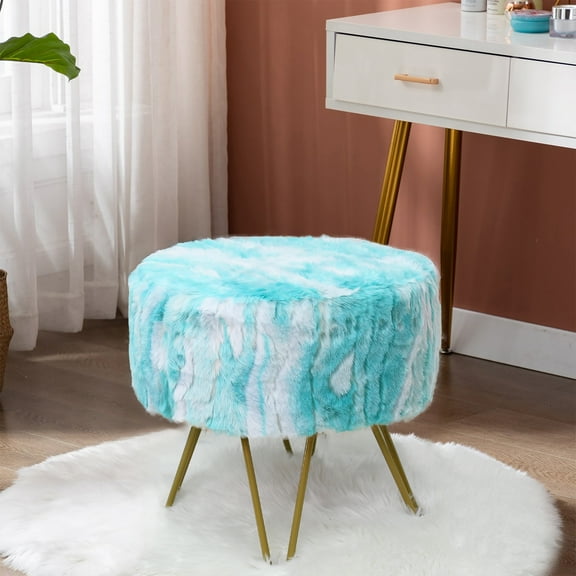 Home Soft Things Jacquard Faux Fur Round Ottoman - Blue turquoise - 18" x 18" x 18"
