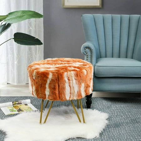 Home Soft Things Jacquard Faux Fur Round Ottoman - Burnt orange - 18" x 18" x 18"