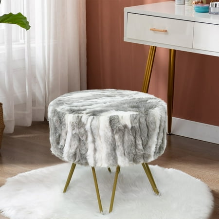 Home Soft Things Jacquard Faux Fur Round Ottoman - Grey - 18" x 18" x 18"