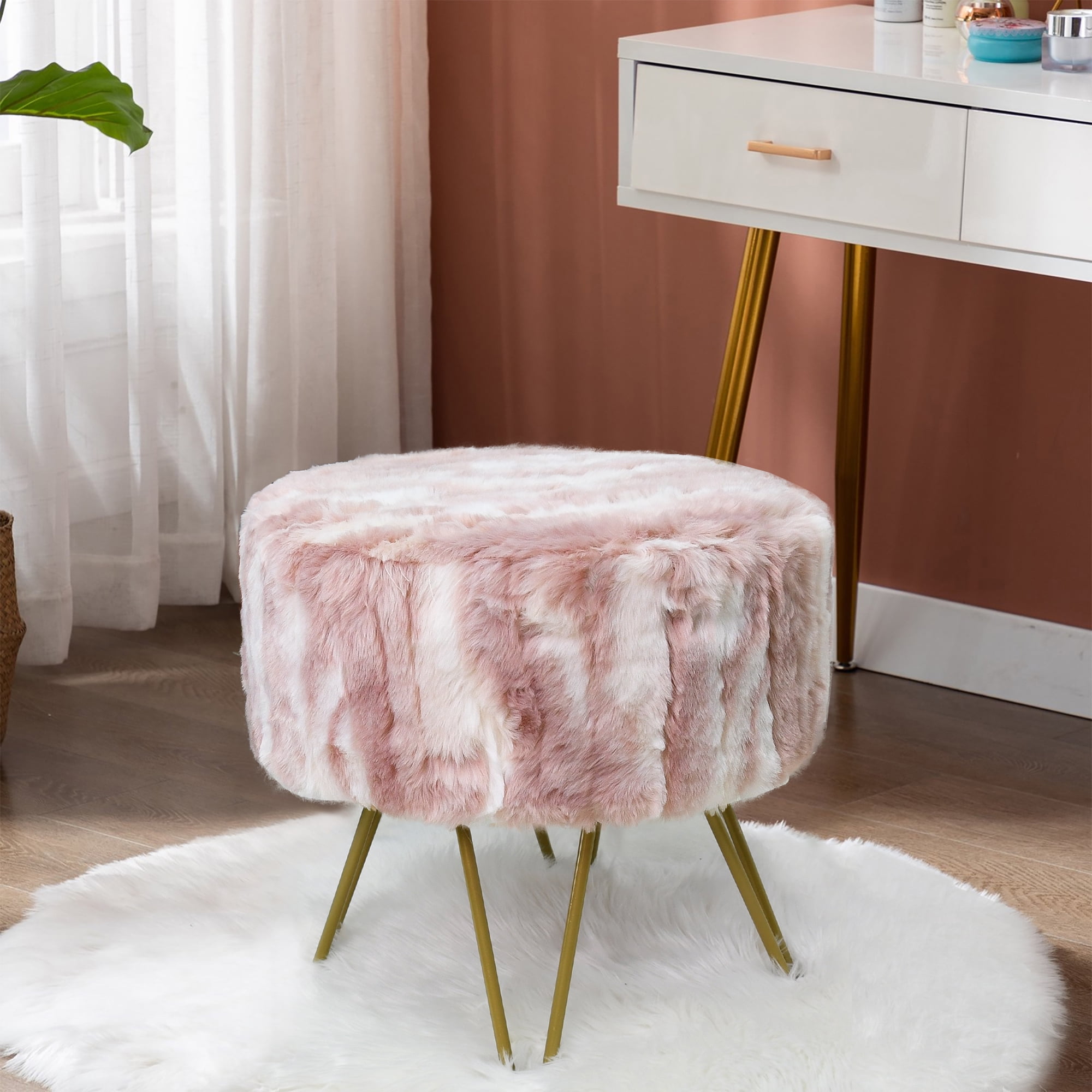 Home Soft Things Pink Jacquard Solid Faux Fur Round Ottoman, 18 x 18 x  18, Sepia Rose, Comfy Fuzzy Ottoman Makeup Stool for Bedroom Living Room