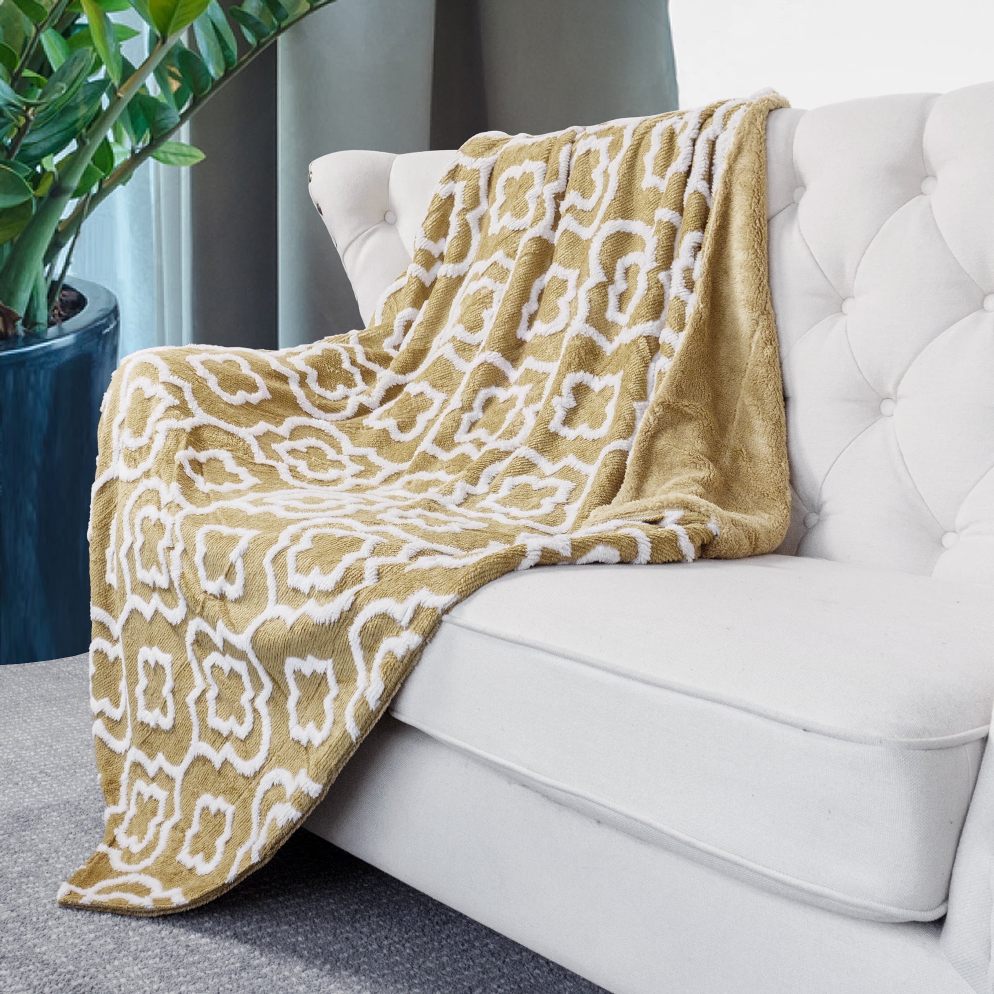 Gold and White Reversible Sherpa Faux Fur Throw Blanket
