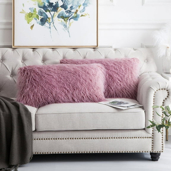 Home Soft Things Mongolian Faux-fur Pillow Covers Luxury Fluffy Throw Pillow Case Decorative Fuzzy Cushion Cover, No Pillow Insert, Set of 2 - Lilas - 14" x 26"