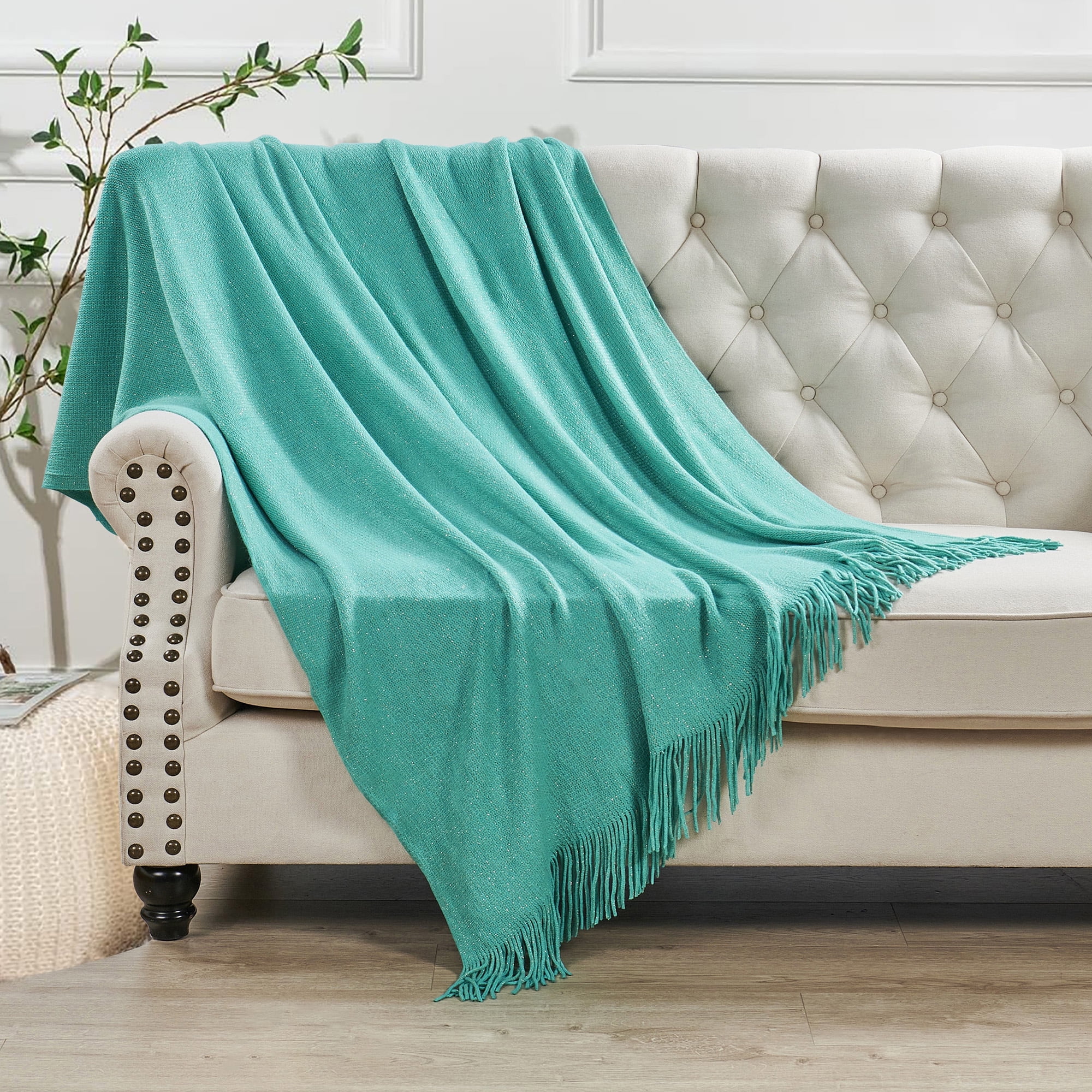 Turquoise Knitted Throw Blanket with Gold Metallic Yarn