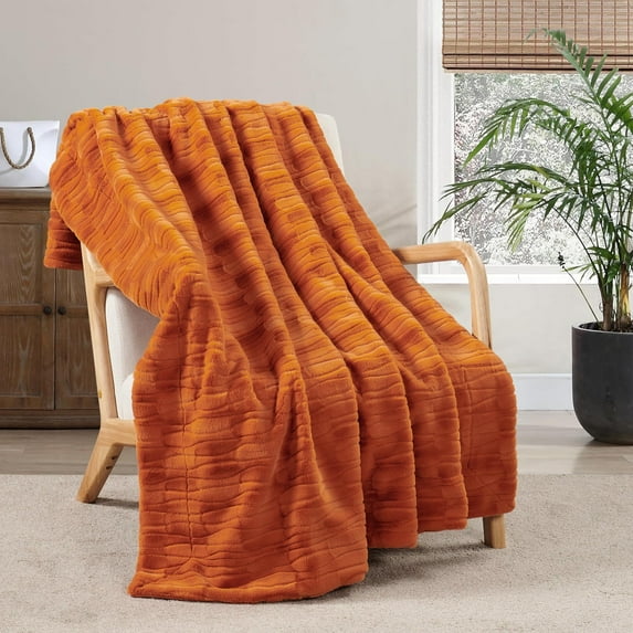 Home Soft Things Leaf Pattern Faux Fur Throw Blanket with Micromink Back, Solid Color Fuzzy Super Soft Cozy Plush Throw, 50x60 inches, Burnt Orange