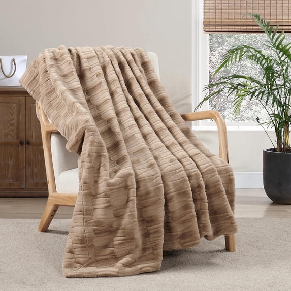 Home Soft Things Leaf Pattern Faux Fur Throw Blanket with Micromink Back, Solid Color Fuzzy Super Soft Cozy Plush Throw, 50x60 inches, Light Taupe