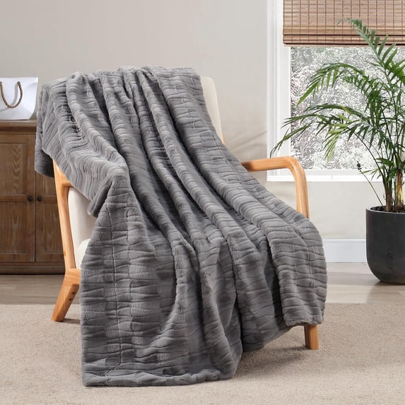 Home Soft Things Leaf Pattern Faux Fur Throw Blanket with Micromink Back, Solid Color Fuzzy Super Soft Cozy Plush Throw, 60x70 inches, Grey