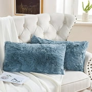Home Soft Things Luxury Shaggy Faux Fur Throw Pillow Cases, Ultra Soft Plush Pillow Covers Fluffy Decorative Cushion Covers, No Pillow Insert, Set of 2, Silver Blue, 14x26 Inch