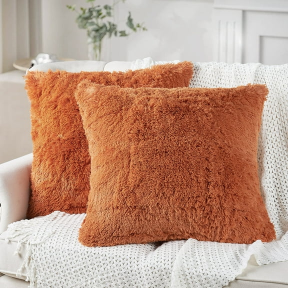 Home Soft Things Luxury Shaggy Faux Fur Throw Pillow Cases, Ultra Soft Plush Pillow Covers Fluffy Decorative Cushion Covers, No Pillow Insert, Set of 2, Burnt Orange, 26x26 Inch