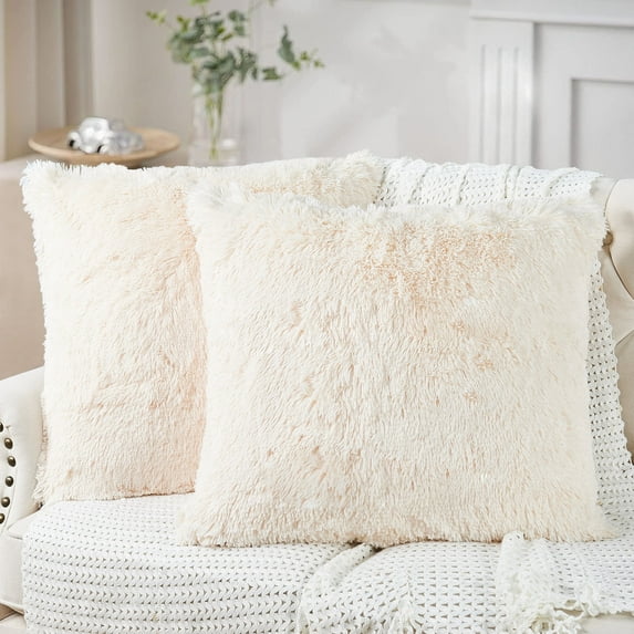 Home Soft Things Luxury Shaggy Faux Fur Throw Pillow Cases, Ultra Soft Plush Pillow Covers Fluffy Decorative Cushion Covers, No Pillow Insert, Set of 2, Ivory, 26x26 Inch