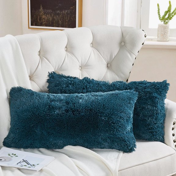 Home Soft Things Luxury Shaggy Faux Fur Throw Pillow Cases, Ultra Soft Plush Pillow Covers Fluffy Decorative Cushion Covers, No Pillow Insert, Set of 2, Teal, 14x26 Inch