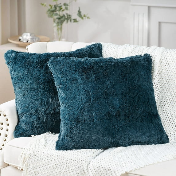 Home Soft Things Luxury Shaggy Faux Fur Throw Pillow Cases, Ultra Soft Plush Pillow Covers Fluffy Decorative Cushion Covers, No Pillow Insert, Set of 2, Teal, 26x26 Inch