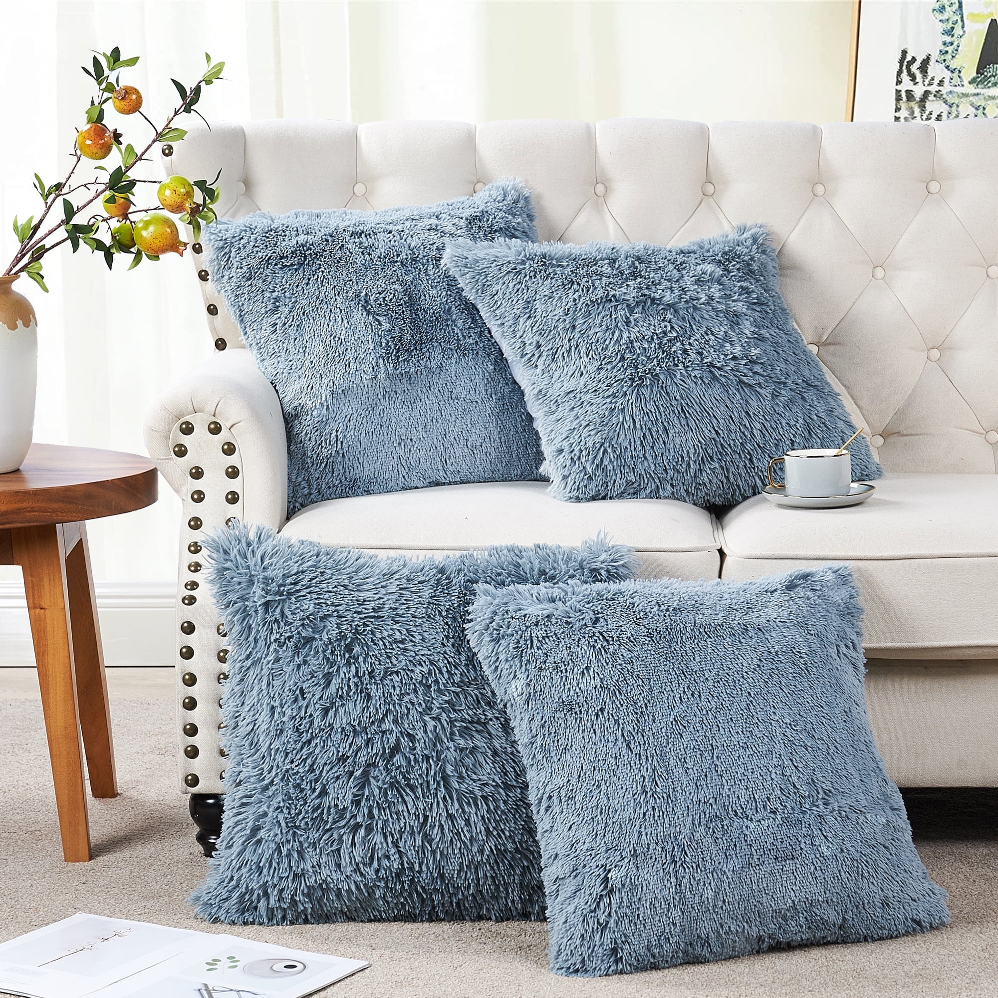 Home Soft Things Luxury Shaggy Faux Fur Throw Pillow Cases, Ultra Soft Plush Pillow Covers Fluffy Decorative Cushion Covers, No Pillow Insert, Set of 4, Silver Blue, 20x20 Inch