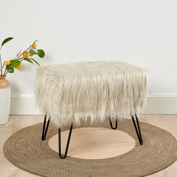 Home Soft Things Mongolian Faux-Fur Ottoman with Black Metal Legs, Oatmeal - 19" x 13" x 17"