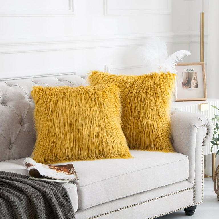 Home Soft Things Mongolian Faux fur Pillow Covers Luxury Fluffy Throw Pillow Case Decorative Fuzzy Cushion Cover No Pillow Insert Set of 2 Lemon Curry 20 x 20 Walmart