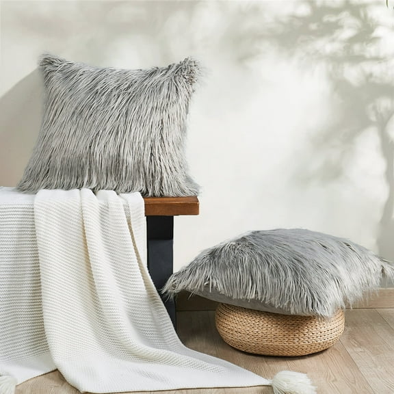 Home Soft Things Mongolian Faux-fur Pillow Covers Luxury Fluffy Throw Pillow Case Decorative Fuzzy Cushion Cover, No Pillow Insert, Set of 2 - Grey - 20" x 20"