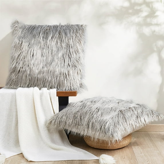 Home Soft Things Mongolian Faux-fur Pillow Covers Luxury Fluffy Throw Pillow Case Decorative Fuzzy Cushion Cover, No Pillow Insert, Set of 2 - Grey - 26" x 26" EURO