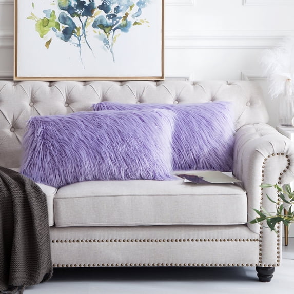 Home Soft Things Mongolian Faux-fur Pillow Covers, No Pillow Insert, Set of 2 - Lavender - 14" x 26"