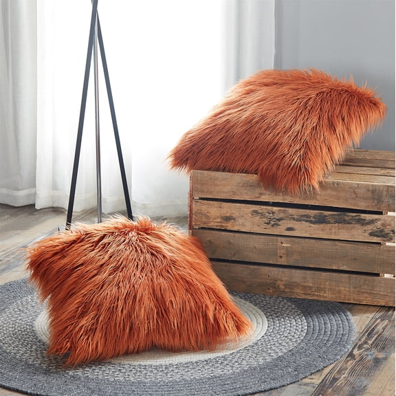 Home Soft Things Mongolian Faux-fur Pillow Covers Luxury Fluffy Throw Pillow Case Decorative Fuzzy Cushion Cover, No Pillow Insert, Set of 2 - Rust - 20" x 20"